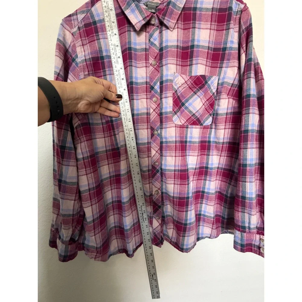 Lucky Brand Women 2XL Plaid Sheer Overlay Button Down Shirt Cotton Pink Burgundy